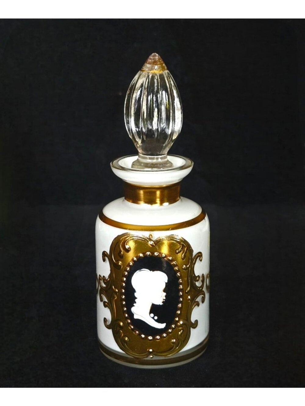 Ornate Vintage Glass Perfume Bottle With Gold Trim & Cameo Design Stopper